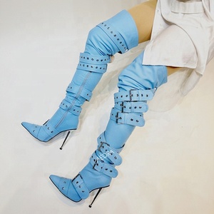 Women Belt Buckles Thigh High <b>Boots</b> Metal High Heels Denim Long Booties Sexy Punk Over Knee Stiletto Shoes - Product Image 4