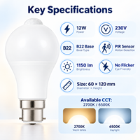 Ampoule LED à détecteur de mouvement PIR 12W B22, 230V 1150LM 2700K 6500K, allumage/extinction automatique, sans scintillement, CE UKCA RoHS, éclairage domestique, directement de l'usine