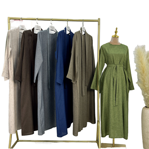 Vestido Abaya Elegante de Lino Transpirable de Talla Grande para Mujer con Cinturón, Cuello Redondo, Manga Larga, Estilo Islámico - Product Image 1
