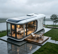Capsule spatiale préfabriquée autonome, maisonnette contemporaine avec panneaux solaires, isolation en laine de roche, mobile, pour glamping, salon et chambre