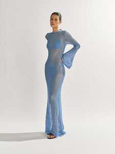 ชุดเดรสยาวแขนยาวสำหรับผู้หญิงชุดใส่ไปทะเลบิกินี่ถักไหมพรมคลุมชายหาด - Product Image 3