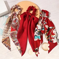 Chouchou en satin pour femme avec long foulard imprimé floral, élastique à cheveux style rétro, accessoires pour cheveux pour filles, coiffe