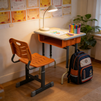 Ensemble de chaise et de bureau d'école modernes réglables en hauteur pour élèves du primaire et du secondaire avec tiroir de rangement, dessus en bois orange pour utilisation en salle de sport