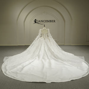 GT26012 Nouvelle Robe de Mariée Longue en Satin à Manches Longues, Dentelle Lourde, Plumes, Manches Bouffantes, Appliques Modernes, Dos Nu, Longueur Ras du Sol - Product Image 6