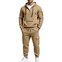 Ensemble deux pièces pour homme, automne, sweat à capuche mi-zippé doublé polaire uni avec pantalon cargo jogger, tenue de sport décontractée et épaisse