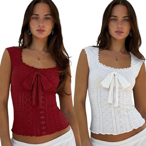 Summer Casual Breathable Eco-Friendly Sleeveless <b>Tank</b> <b>Top</b> Solid Color with Sweetheart Bow Lace Trim - Product Image 1