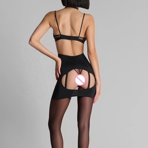 Lencería erótica transparente con cuello halter, minivestido ajustado sexy para mujer con abertura en la espalda y liguero, conjunto de lencería de 4 piezas. - Product Image 4