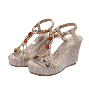 Sandalias de cuña para mujer, estilo bohemio europeo americano, con plataforma y suela gruesa tejida, para verano. - Product Image 5