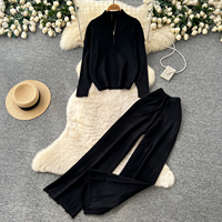 Ensemble décontracté pour femmes, haut en tricot à col montant et demi-zip, pantalon large, tenue élégante et décontractée pour l'automne, ensemble deux pièces