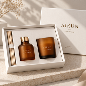 Ensemble diffuseur de parfum et bougie parfumée Aikun en verre ambré avec coffrets cadeaux individuels pour présentation en magasin - Product Image 3