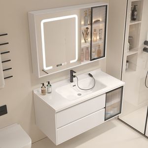 Modern Minimalist Ceramic Bathroom Vanity Set With Led Mirror Integrated Sink Rectangular White Wall Mounted - Product Image 2
