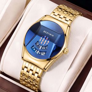 BESTWIN 9151 Luxury Watch for Men Genuine Leather Men's Quartz Watches Gold Wristwatch Waterproof Steel <b>Clock</b> Relogio Masculino - Product Image 1