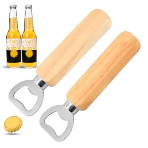 Bán buôn sinh thái thân thiện tùy chỉnh nhà bếp khắc logo thép không gỉ Beer Bottle Opener với gỗ xử lý