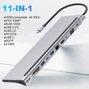 Adaptateur de concentrateur USB 3.1 type-c multifonction 11-en-1 Station d'accueil USB C avec <span class=keywords><strong>HDMI</strong></span> VGA DP RJ45 Ethernet <span class=keywords><strong>Micro</strong></span> SDTF pour ordinateur portable - Product Image 1