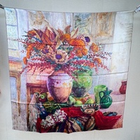 Syal Sutra Persegi 70cm Wanita Motif Vas Bunga Still Life, Kerudung Muslim, Hadiah
