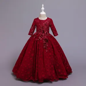 Gaun Bunga Anak Perempuan, Gaun Panjang Lantai Renda Vintage untuk Pesta Pernikahan Bayi Kontes Formal Pesta Malam X209