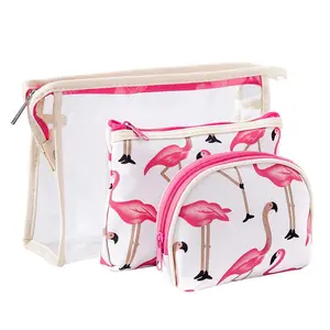 2023 Nice design Moda Flamingo PVC maquiagem impermeável saco para viagens de negócios 3 peças portátil saco de higiene pessoal saco de armazenamento conjunto