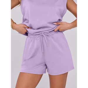 Conjunto de dos piezas para mujer, sin mangas, cuello redondo, pantalones cortos de punto transpirables, traje informal para primavera y verano - Product Image 6