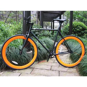 700C single speed with orange rims raiser bar colourful fixed gear bike