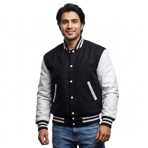 Black Varsity Jacket Hooded Grey Sleeves <b>Men</b> Unisex Zipper Rib Trim Custom Logo Option Waterproof Breathable Knitted Warm Casual - Product Image 1