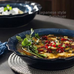 Tazón de Cerámica con Esmalte Creativo, Apto para Microondas, Diseño Minimalista Japonés, Borde Acanalado, de 14 Pulgadas, para Pescado Cocido, Ensalada de Verduras - Product Image 2