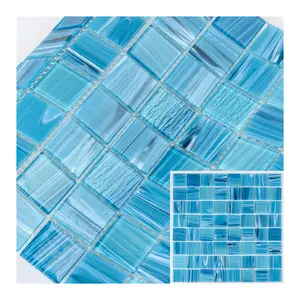 Discounted Square Hot Melt Ocean Sea Blue Wave Shiny Mix Color Glass Swimming Pool Mosaic Tile
