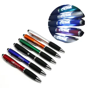 Bán buôn quảng cáo giá rẻ LED Light up Pen với Stylus tùy chỉnh in ấn logo nhựa màu xanh bằng văn bản Ballpoint Ball Ink