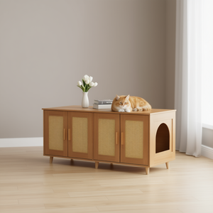 Wood Rattan <b>Cat</b> Litter <b>Box</b> Enclosure 47.2 Inches Hidden Storage For 2 <b>Cats</b> Manual Operation 100L - Product Image 2