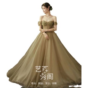 Strapless Ball Gown Wedding Dress Olive Green Vintage Style Long Train Natural Waistline Folds Design - Product Image 5