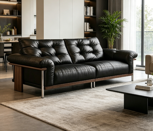 Canapé deux places en cuir véritable noir de style vintage, ensemble minimaliste rétro en cuir pleine fleur, style <span class=keywords><strong>Bauhaus</strong></span>, pour usage hôtelier - Product Image 2