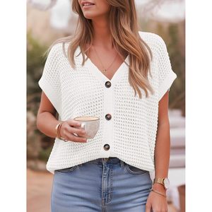 Cárdigan de ganchillo de manga corta para mujer, con cuello en V, abotonado, de punto calado, para playa, top informal de verano - Product Image 2