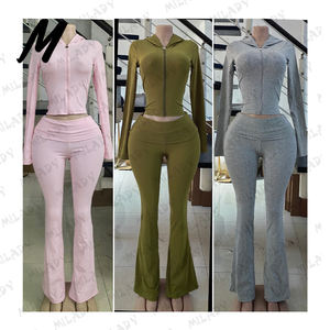 Logotipo personalizado otoño 2025 ropa mujer otoño mujer Casual 2 piezas conjunto pantalones acampanados Mujer con capucha cremallera chaqueta conjunto - Product Image 5