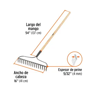 Rastrillo de jardín clásico Truper con 16 dientes y mango de 54' - Product Image 3