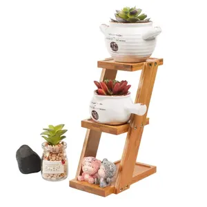 Casa Interior Decorativa Desktop Flower Pot Display Rack 3 Camada De Bambu Suculento Pot Stand