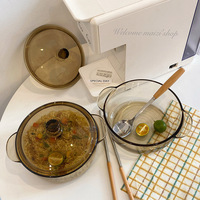 Grand bol en verre brun avec couvercle, à double anse, pour salade, soupe et nouilles instantanées, usage domestique, pot classique en verre cristallin poli pour réceptions