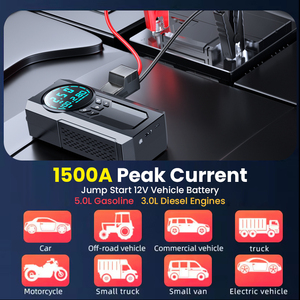 Démarreur de batterie de voiture portable 4-en-1 d'urgence 15000mAh, booster au lithium, batterie externe, gonfleur de pneus, lumière LED, moto 1000A - Product Image 2