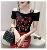 Blusa para Mujer con Estampado Floral de Rosas, Estrás y Lentejuelas Brillantes, Estilo Rockero para Discoteca, Camiseta de Manga Corta para Fiesta