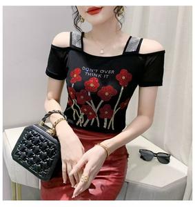 女性のバラフローラルプリントラインストーンシャイニースパンコールロック服ブラウスTシャツトップスナイトクラブ半袖シャツパーティーTシャツ - Product Image 3