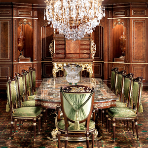 Traditional <b>Antique</b> Wooden Rectangle <b>Dining</b> Table With Marble Top And 8 <b>Chairs</b> For Home <b>Dining</b> Room Furniture - Product Image 1