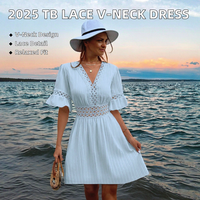 Robe décontractée pour femme, col en V, taille en dentelle, style bohème, manches courtes, couleur unie, design ajouré, pour la plage, fête, meilleure robe unie teinte en automne