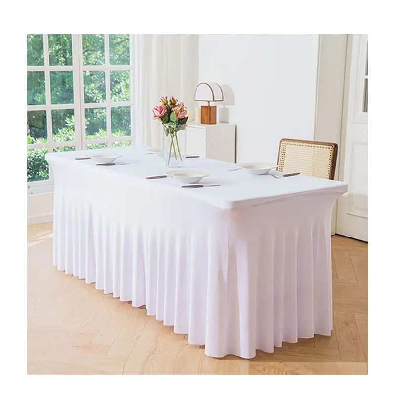 Falda de mesa plisada para exteriores elástica blanca de alta calidad, cubierta de tela para reunión de Hotel, banquete, boda, fiesta, faldas de mesa
