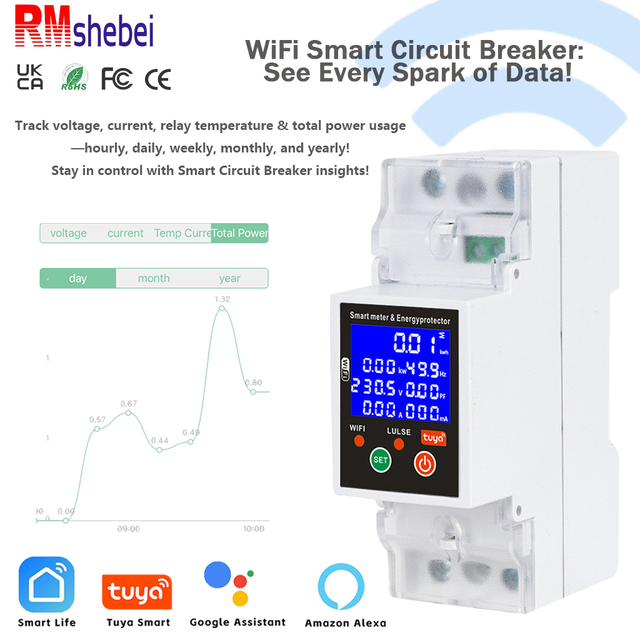 RMshebei Tuya Smart Life Energy Meter Electric Circuit Breakers Mcb Wifi Voltage Protector 80A Timed Switching Overload Current