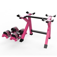 Ensemble d'haltères en fonte recouvertes de caoutchouc rondes roses et noires avec support pour exercices corporels, réglables de 7 à 20 kg