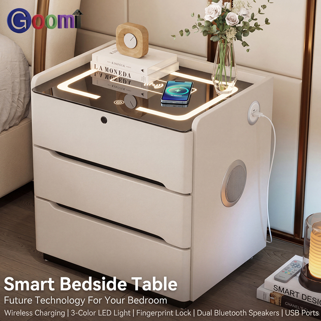 Goomi Home Modern Minimalist Fingerprint Lock Smart Nightstand, LED Wireless Charge USB BT Speaker Bedroom Storage Cabinet