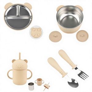 Juego de Vajilla Infantil de Acero Inoxidable 304, Cuchara, Tenedor, Vaso con Succión, Plato Dividido, Cubierta de Silicona Extraíble - Product Image 3
