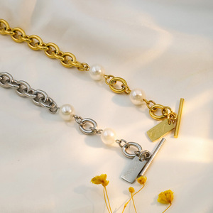 European American Style Chunky <b>Chain</b> Bracelet With Pearl And Ot Buckle For Women Fashion Jewelry Gift <b>Titanium</b> Steel 21cm - Product Image 1