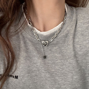 Dernier Hip Hop Punk Acier Inoxydable Cubique Lien Anniversaire Idée Coeur Pendentif Double Couche Article Chaîne Ras Du Cou pour Femmes Bijoux Cadeau - Product Image 2