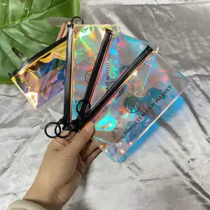 Tas Ziplock Plastik Laser Holografik, Tas Pvc Mewah Elegan untuk Pakaian/Tas Rias Hologram dengan Ritsleting Logam