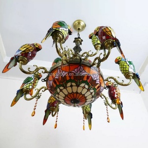 Lustre Tiffany de style européen en verre teinté, 12 ampoules LED, motif perroquets, commande tactile, 110V-240V, garantie 2 ans, 2700K Chaud - Product Image 2