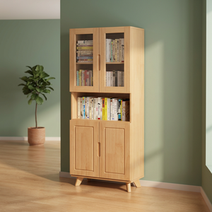 Bibliothèque moderne en bois avec portes vitrées et étagères ouvertes pour le bureau à domicile et le salon - Product Image 4
